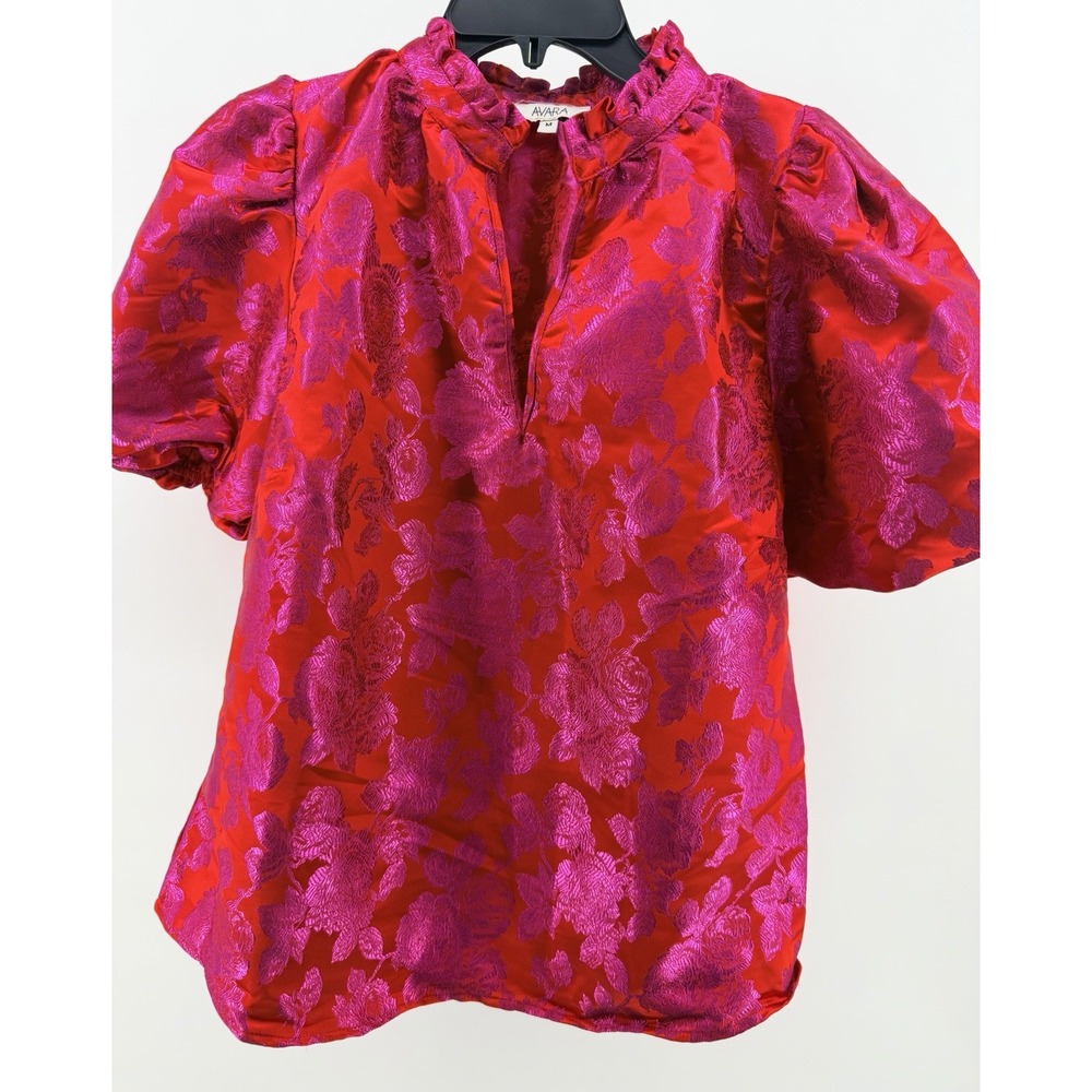 Avara Women's Floral Jacquard Blouse Top Size M Red Fuchsia Pink Puff Sleeve